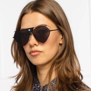 Alexander McQueen AM0317S 001 Sunglasses Black Geometric Frame, Grey Lenses